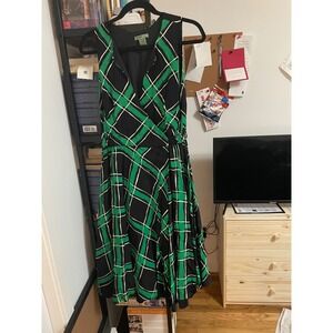 Maple Black Green Plaid Faux Wrap Midi Dress Women's Size 10